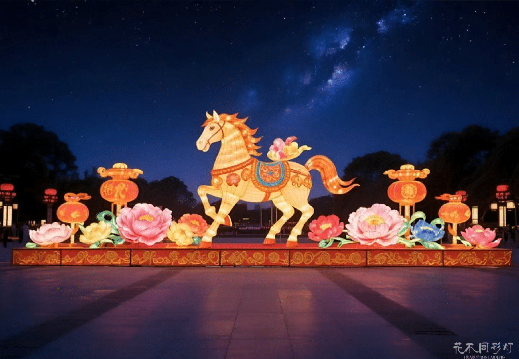花不同彩灯设计马年主灯组-昂首奔腾的机械骏马与AR互动效果展示 花不同彩灯设计马年主灯组-昂首奔腾的机械骏马与AR互动效果展示