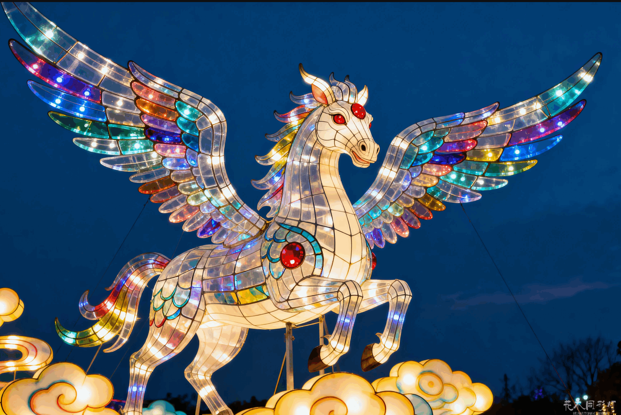 花不同彩灯设计天马行空灯组全景-展翅8米的神话天马在夜色中绽放光彩