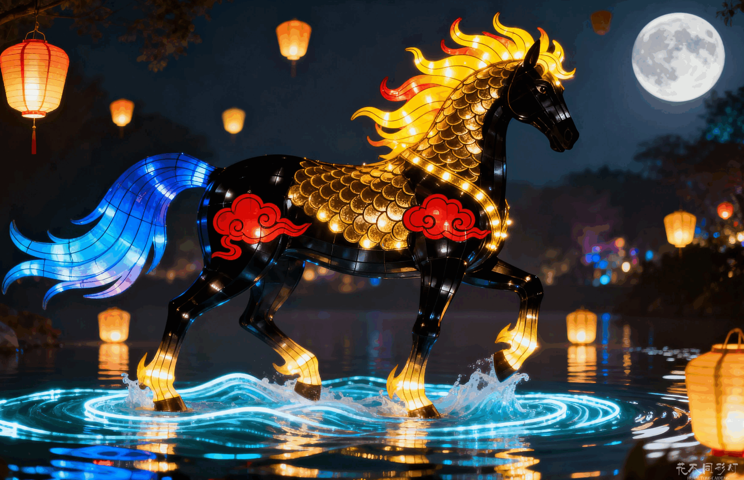 天马行空灯组实景应用-景区夜景与游客拍照打卡场景