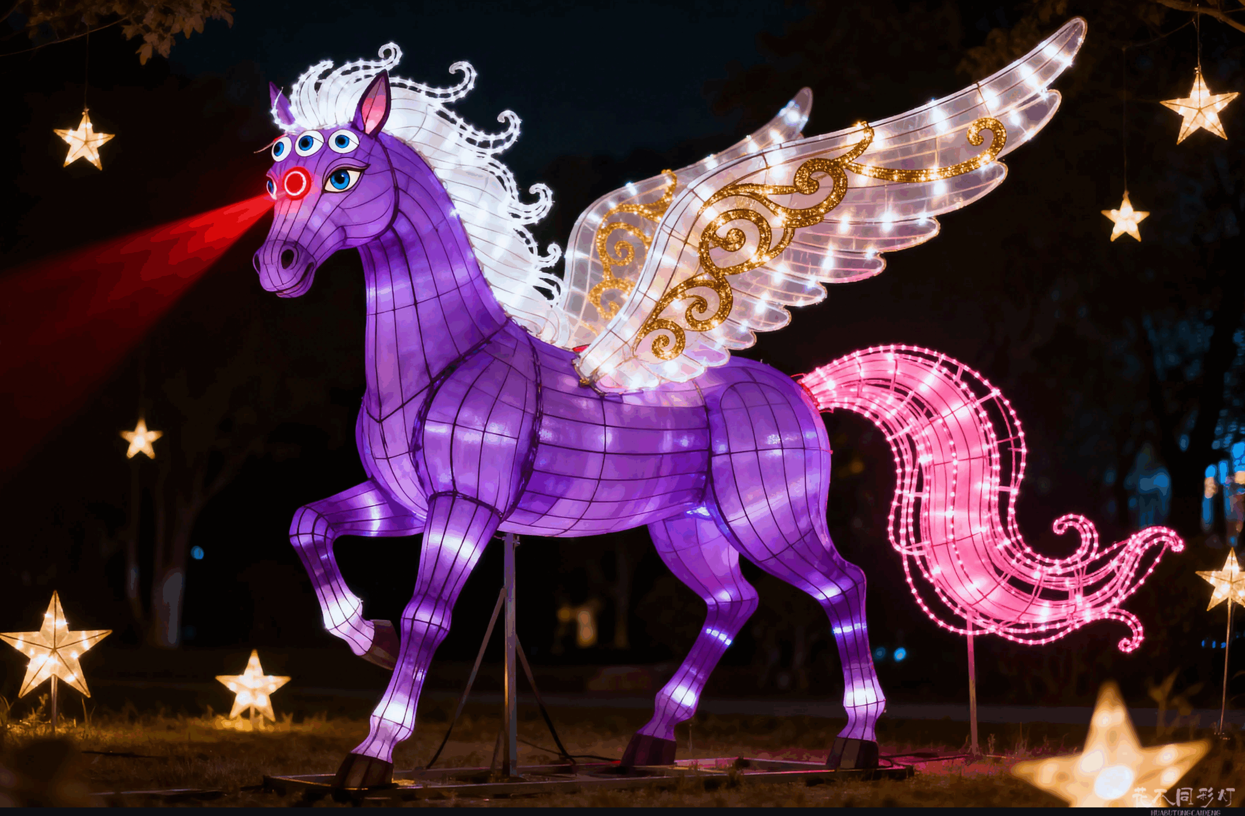 卡通小马灯组夜景效果-柔和的马卡龙色系灯光在夜色中营造梦幻氛围 卡通小马灯组夜景效果-柔和的马卡龙色系灯光在夜色中营造梦幻氛围