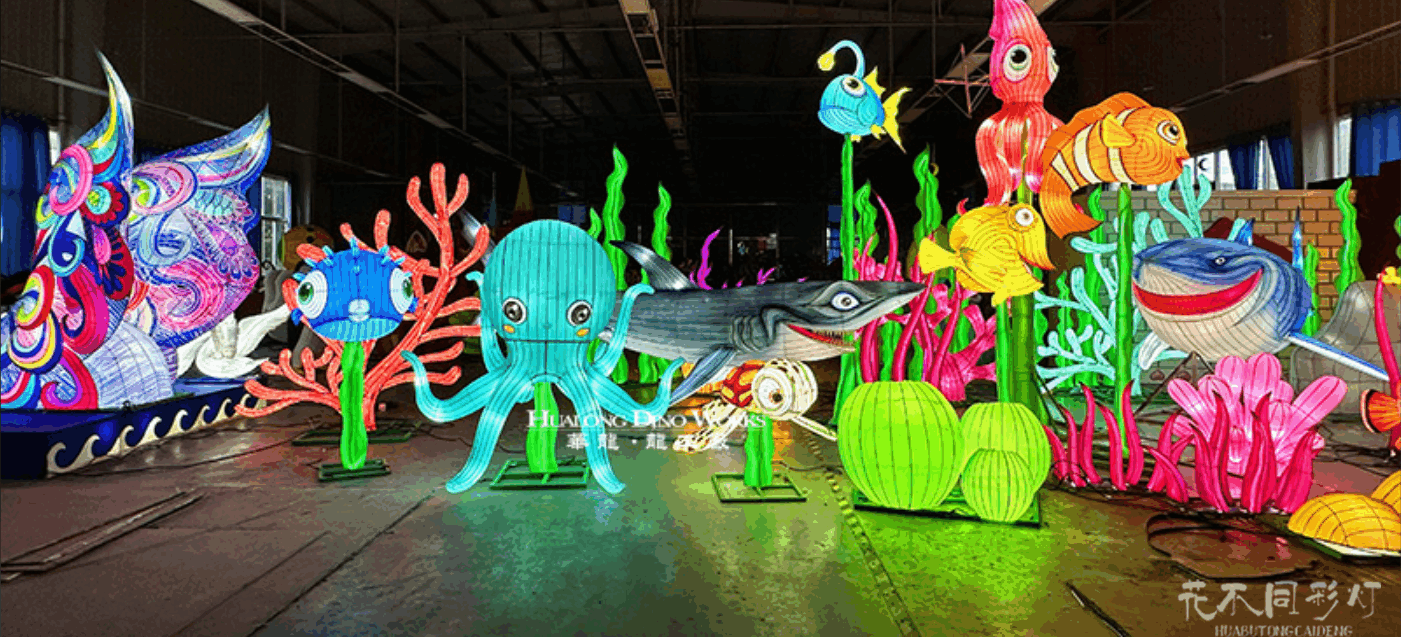 海洋生物彩灯水母灯组特写-多层透明材质与光纤结合效果