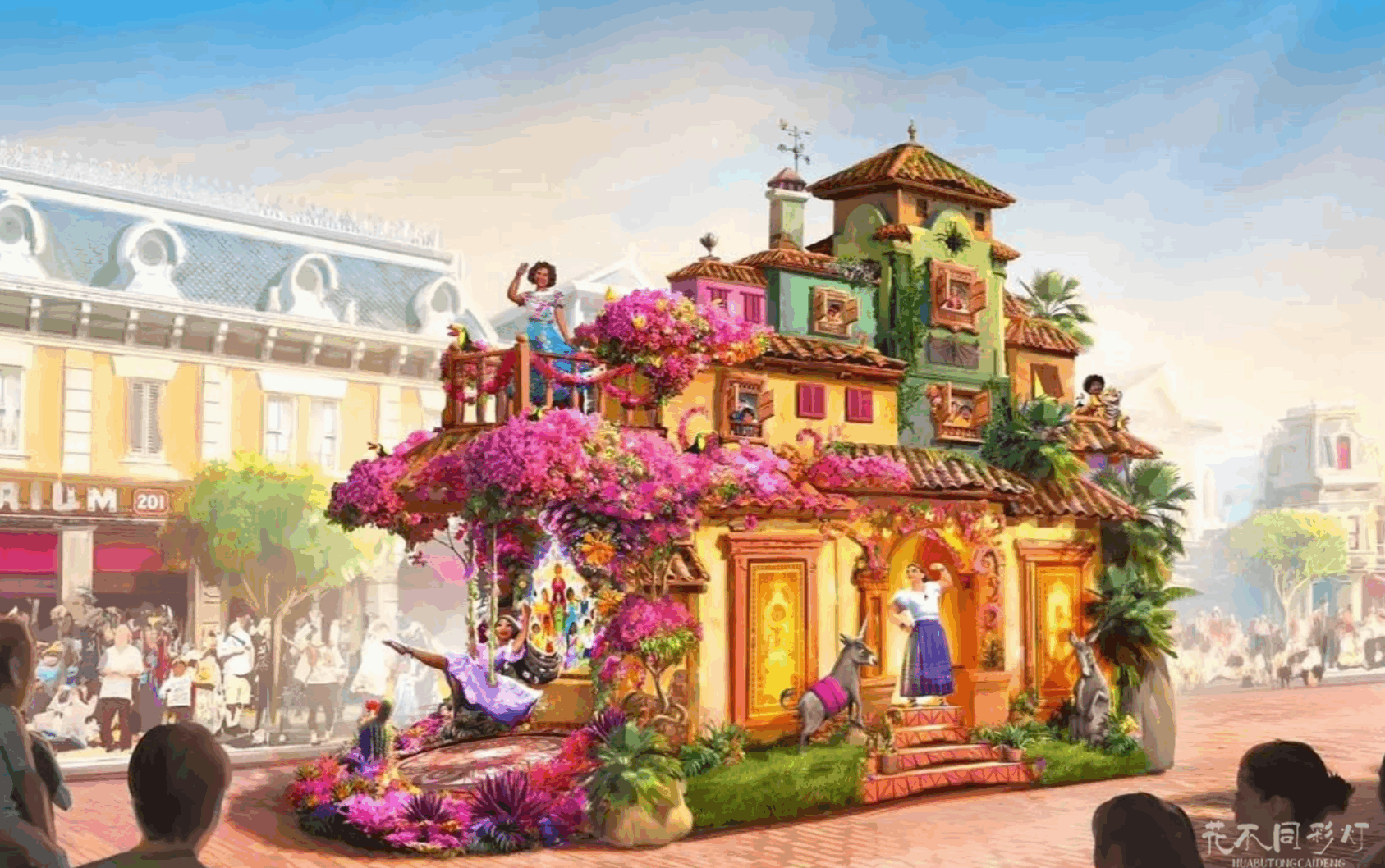 动态旋转的白雪公主与七个小矮人主题巡游花车夜间灯光效果