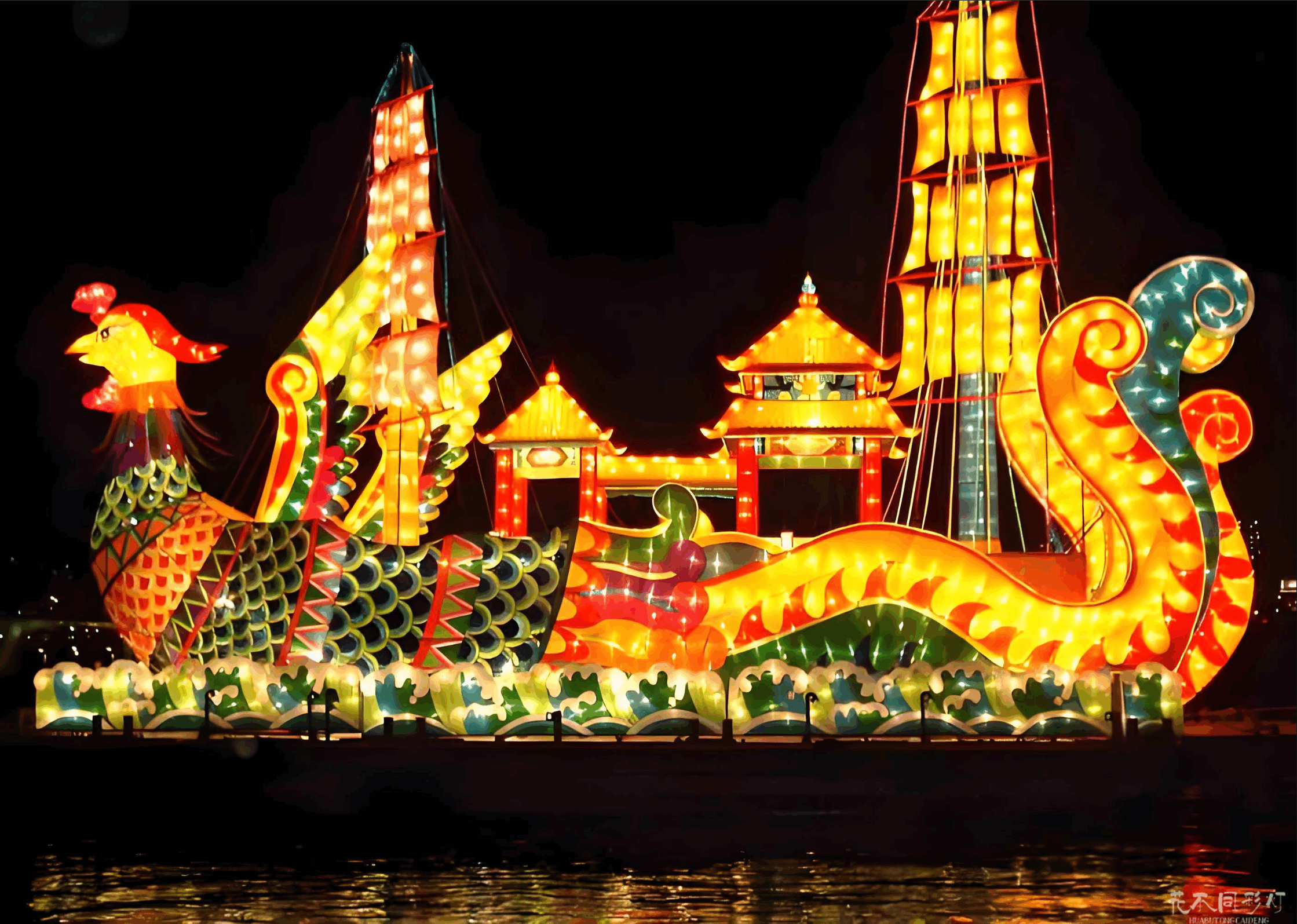 蓬莱仙岛彩船旋转仙山-云雾缭绕仙境效果