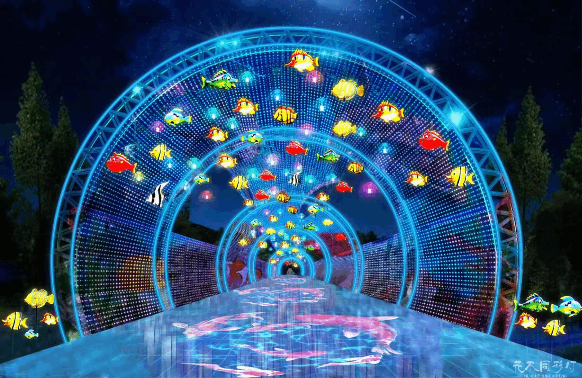 花不同彩灯策划团队与景区、商业体客户共同研讨灯光节主题方案，墙上贴满灵感草图与地域文化资料