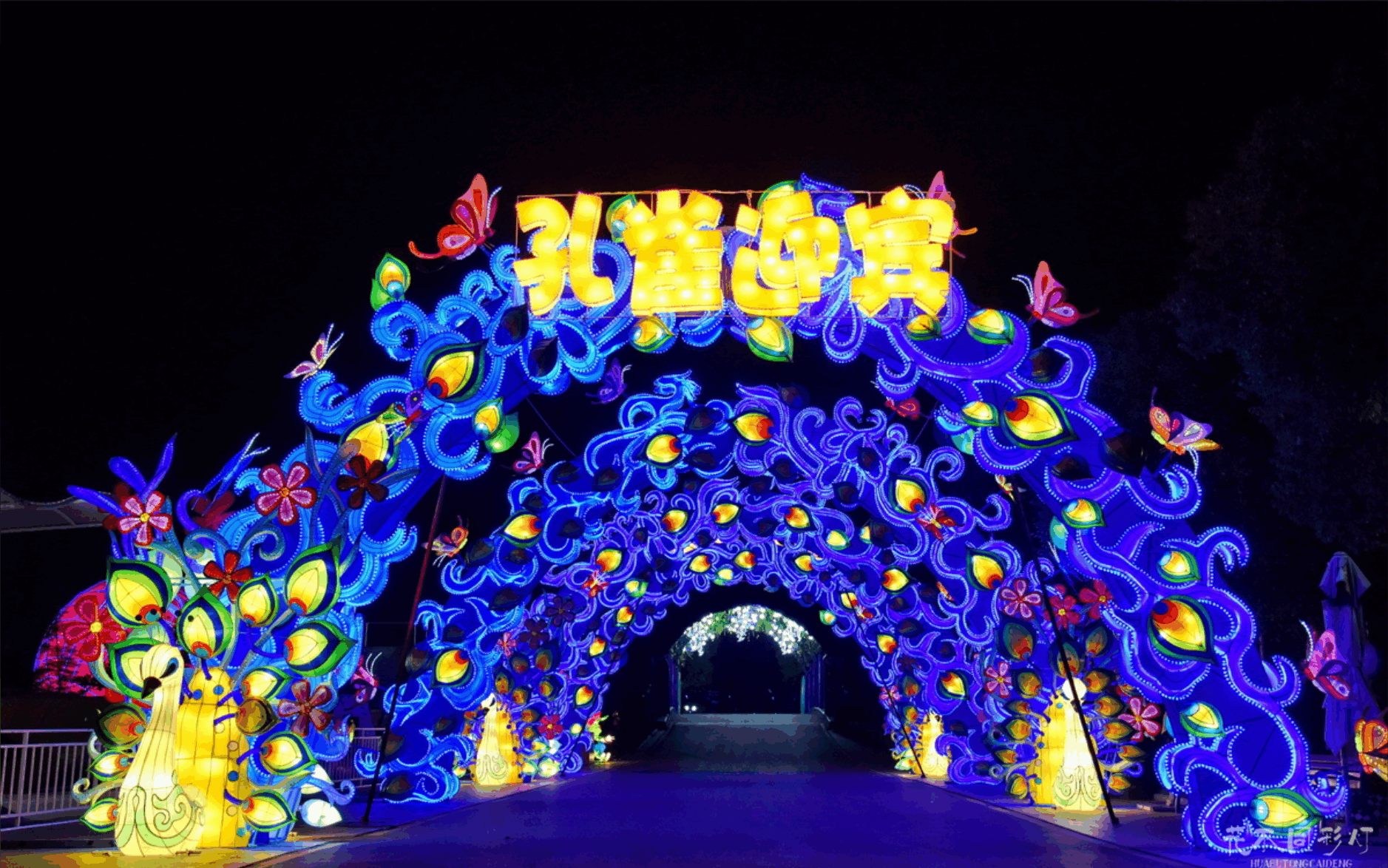 花不同彩灯设计的日夜双景灯组在白天展现精美造型，与自然环境完美融合