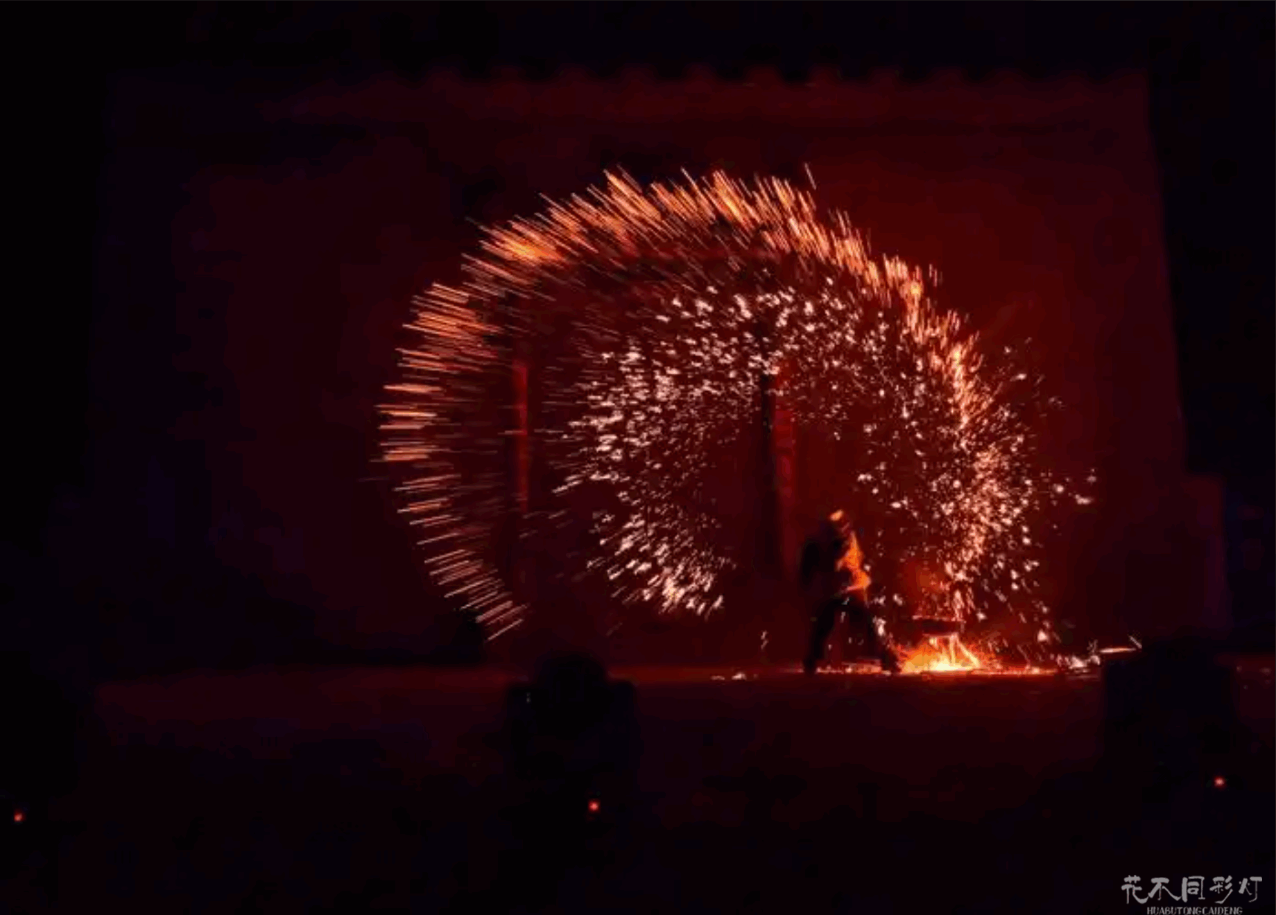 花不同彩灯打铁花表演完整合作流程可视化图表，逐步展示需求沟通、方案定制、合同签订、前期准备、现场执行、售后跟进六个关键环节