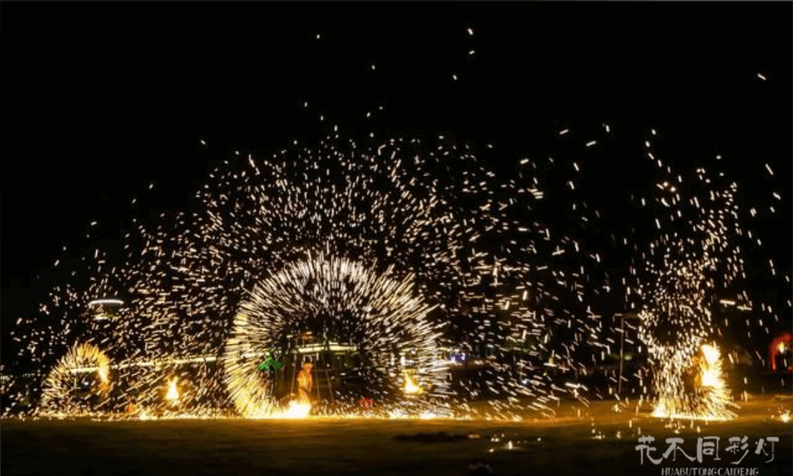 花不同彩灯创新打铁花图案展示，包含圆形花系、扇形花系、文字系列和标识系列等不同铁水造型的夜空实景效果图