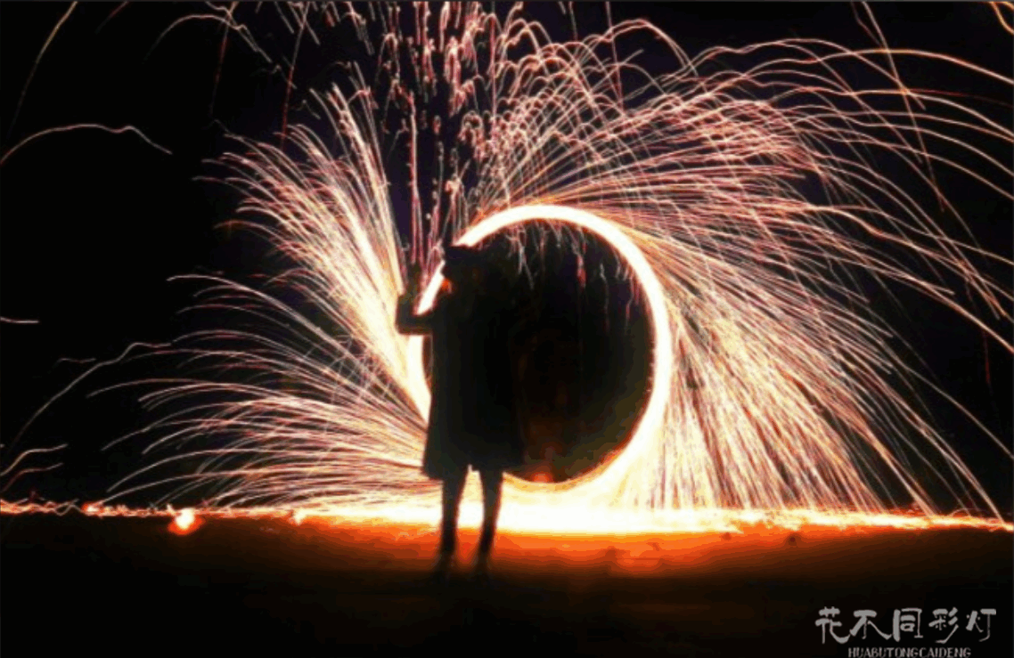 花不同彩灯打铁花表演多元场景应用实景拼图，展示文旅景区、商业开业、婚庆典礼、节庆活动等不同场景下的精彩演出瞬间