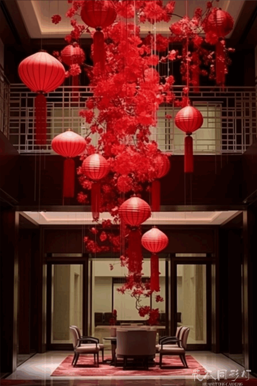 酒店大堂大型手工宫灯实景装饰效果 - 花不同彩灯定制案例 酒店大堂大型手工宫灯实景装饰效果 - 花不同彩灯定制案例