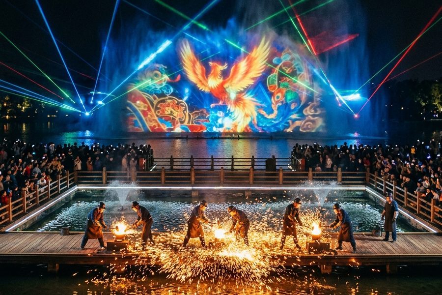 打铁花演艺案例, 水幕激光投影打铁花