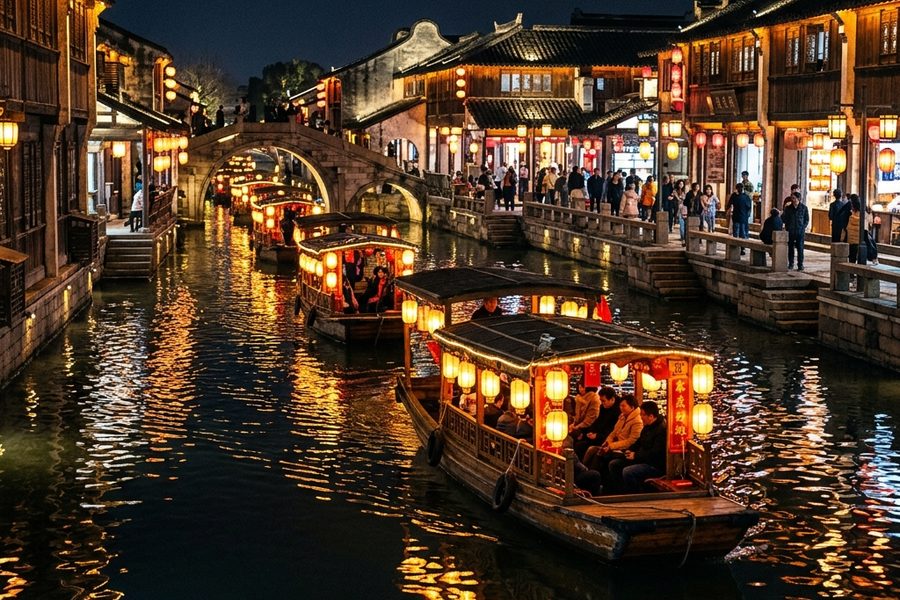 古镇摇橹船改造, 水上花船亮化