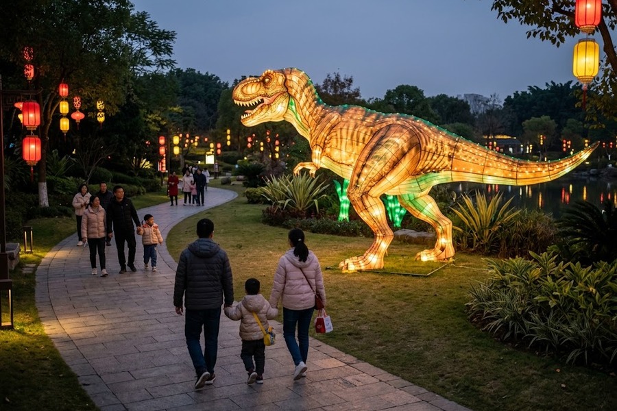 生态研学景区暗夜森林旁高大逼真的发光霸王龙彩灯装置特写