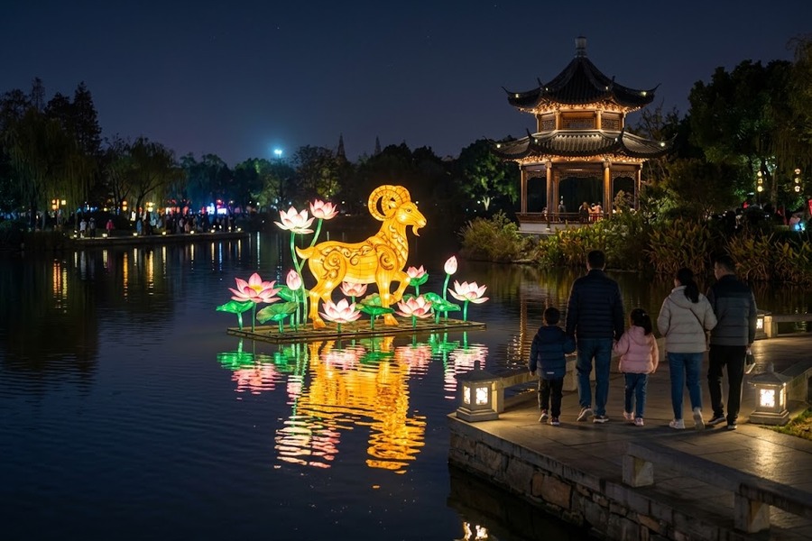 水上乐园与湿地夜游：羊年水上漂浮生肖彩灯布展与防风浪技术