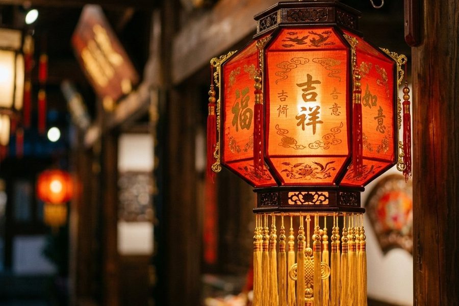 中式婚礼现场大红宫灯矩阵在DMX512调光控制下营造温馨浪漫的仪式光影
