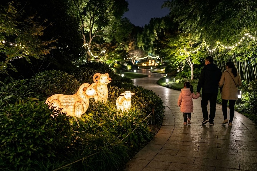 植物园夜光步道草坪上一组温顺可爱的发光小羊彩灯夜景