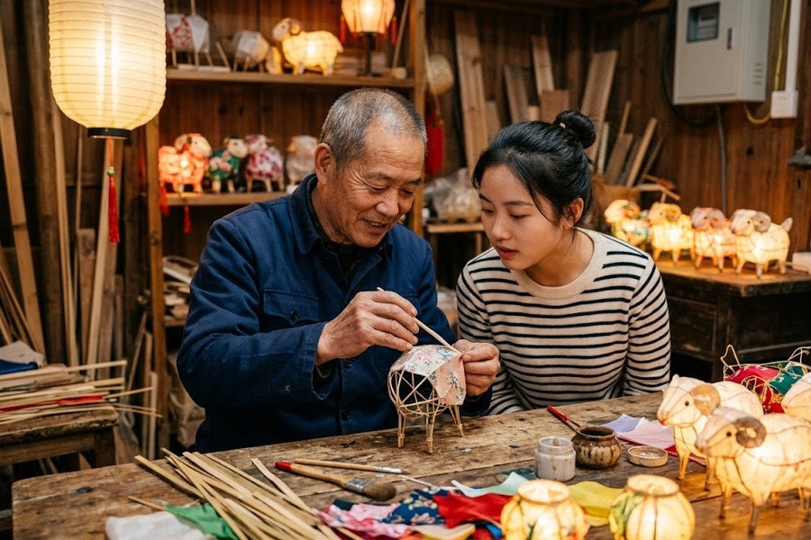 非遗开封老艺人正在细心指导年轻学员手工裱糊生肖羊彩灯细节