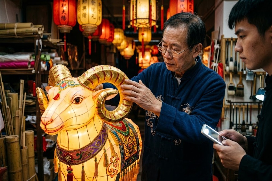 源头大宗定制生肖羊花灯立体盘角与手绘福字工艺细节