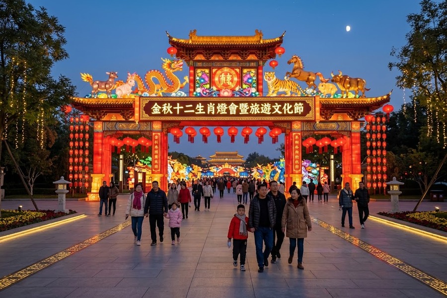 灯会主入口广场气派的生肖迎春门头彩灯与整齐的游园环境