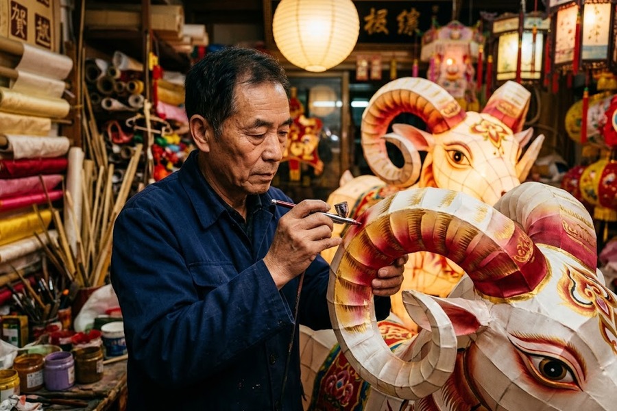 彩灯非遗老艺人正在巨型生肖羊花灯表面进行手工艺术喷绘上色