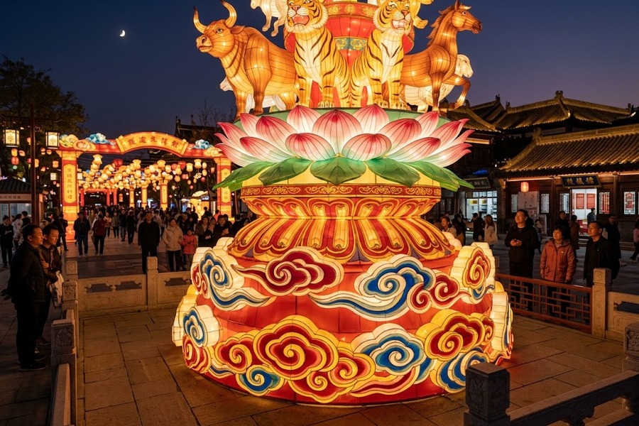 大型彩灯底部混凝土独立地锚与高强度镀锌钢丝绳拉索节点特写