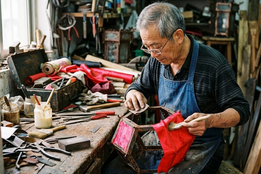 开封非遗匠人正在为大型彩灯丝绸表面手工涂覆防雨耐候特种保护胶