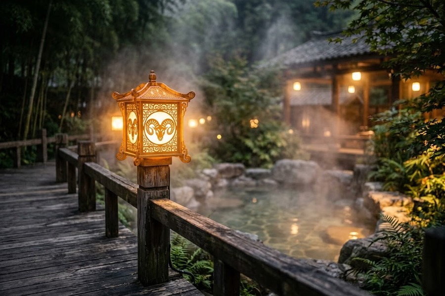 温泉度假区木质栈道立柱旁悬挂的手工发光羊角小宫灯特写