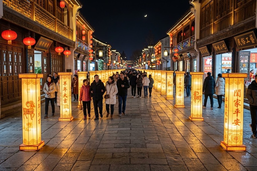 灯会主通道两侧造型典雅的发光生肖羊立柱与宽敞整洁路面