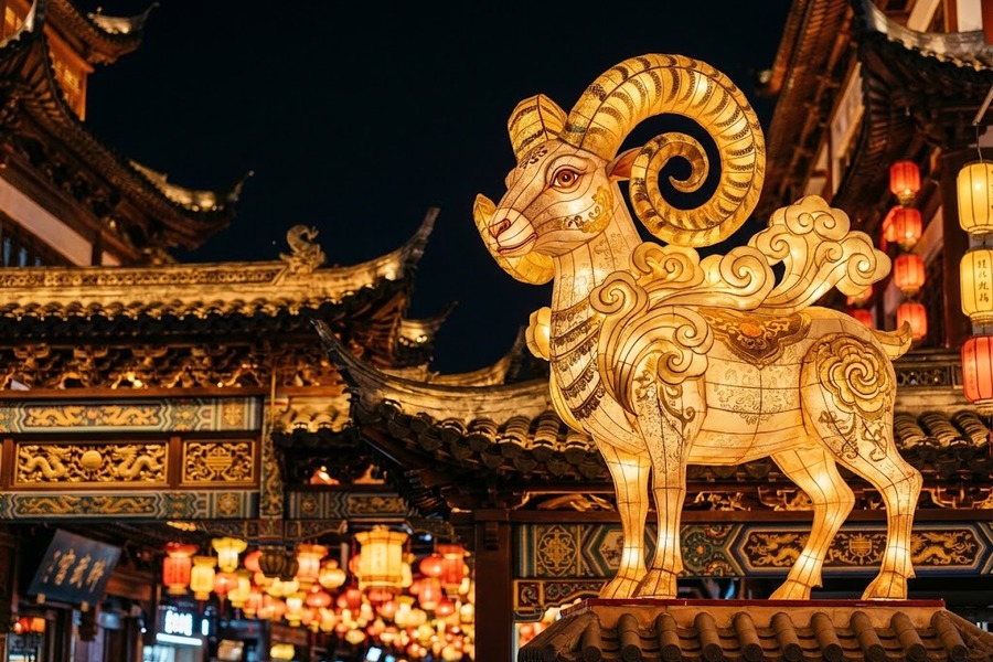 三阳开泰大门彩灯顶部生肖金羊雄浑身姿与祥云浮雕特写