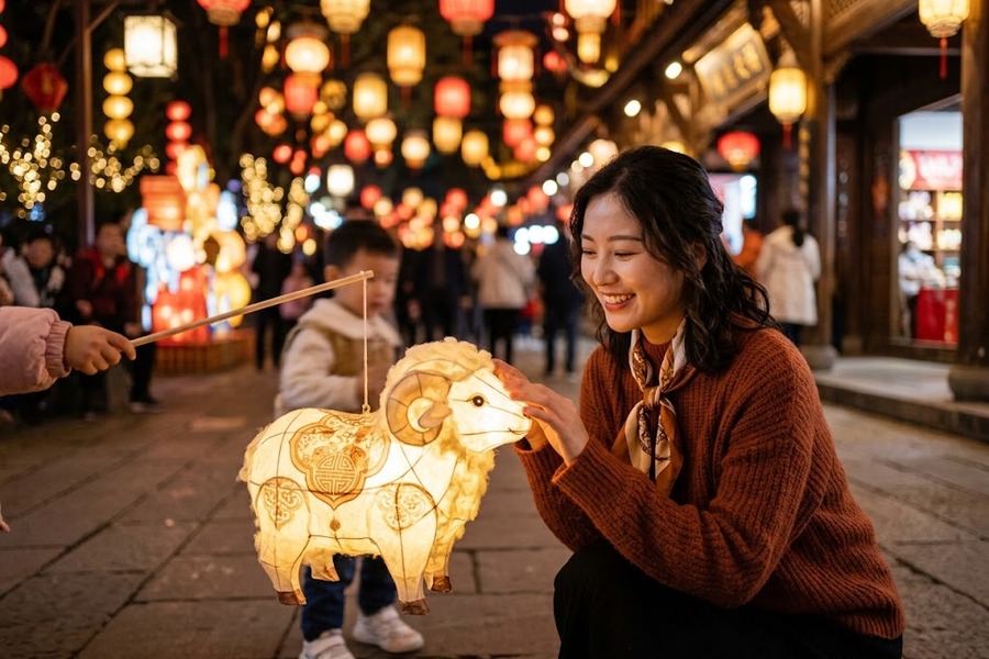 年轻中国游客在生肖灵羊发光互动彩灯前喜悦打卡互动抓拍