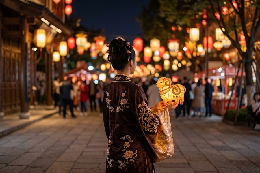 中国女孩手提小巧非遗羊年生肖发光小花灯的汉服背影特写