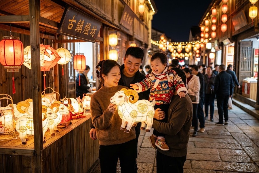 古镇灯会市集摊位前中国年轻父母带着孩子挑选手提小羊花灯