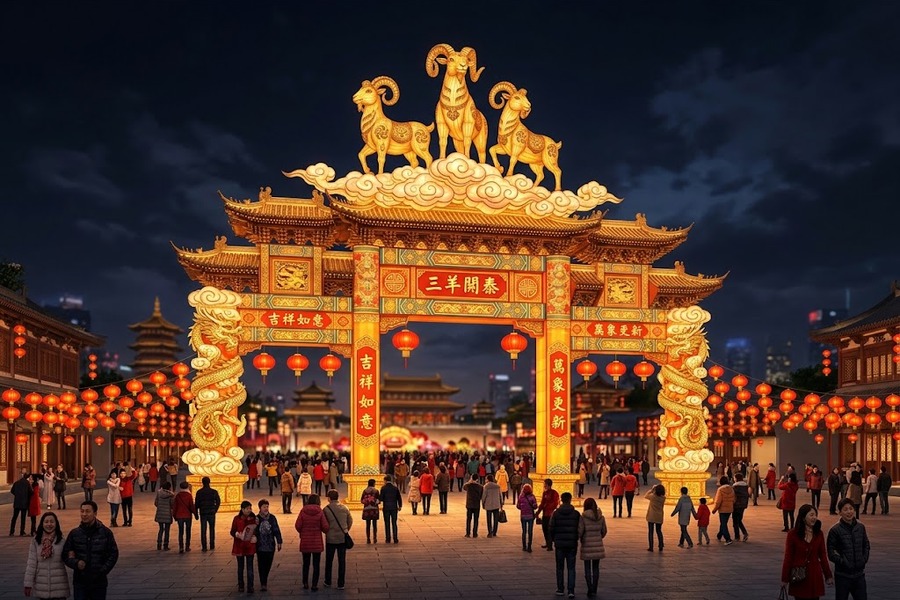 2027羊年三阳开泰大型迎春大门灯组设计图与材质表现