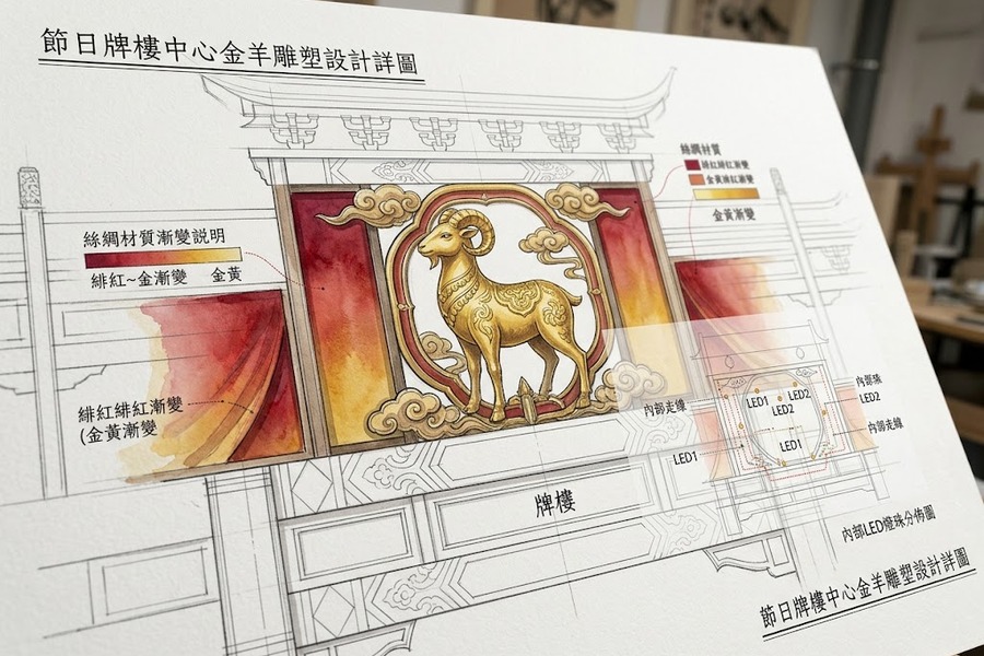 三阳开泰大门顶端生肖金羊与祥云手绘线稿及材质色彩设计细节