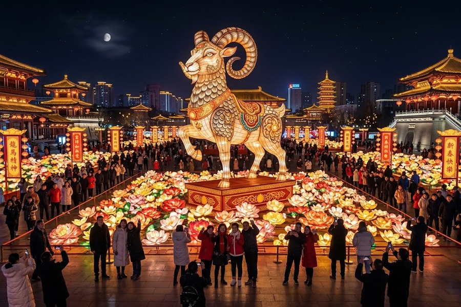 依据三维设计图高精度落地的巨型生肖羊主灯挺立在广场花灯丛中