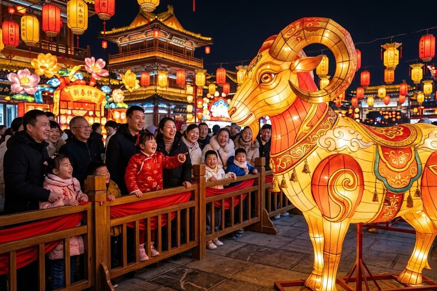 动态机械生肖羊年花灯设计图：会眨眼摇头的智能非遗彩灯