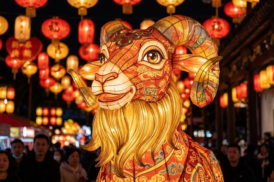 动态机械生肖羊彩灯生动传神的羊头丝绸裱糊与慈祥眼神特写